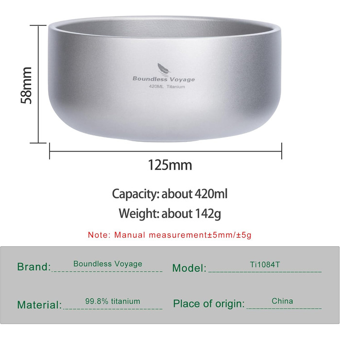 Титанова миска для рисового супу 420 мл Двостінна миска, стійка до опіків, чайна чашка, легкий посуд для кемпінгу на свіжому повітрі для дорослих та дітей, для піших прогулянок, пікніків та походів Ti1084T Ti1084t-420ml