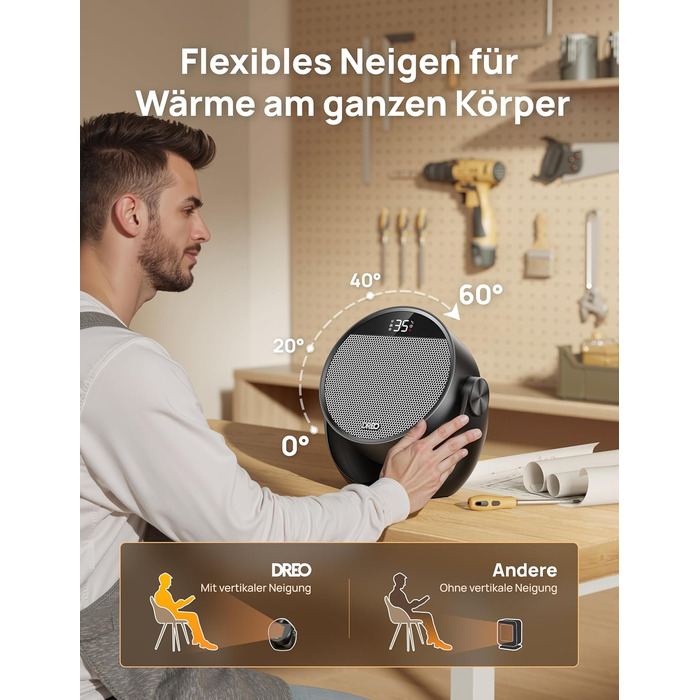 Енергозберігаючий маленький, тихий портативний вентилятор-обігрівач Dreo потужністю 1500 Вт з пультом дистанційного керування, термостатом, можливістю нахилу на 60, 8 функціями безпеки, керамічним нагрівальним елементом PTC, 12-годинним таймером, 3 режима