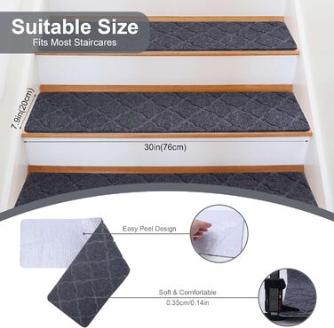 Нековзні сходинки для дерев&39яних сходинок, 20 x 76 см, нековзні сходинки для використання всередині приміщень, килимові сходинки із самоклеючою основою, знімні та придатні для прання в пральній машині, світло-сірий візерунок 7