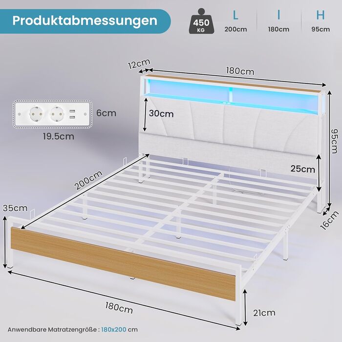 Ліжко 180x200 з металевою рейковою основою, двоспальне ліжко 180x200 см зі світлодіодним підсвічуванням, каркас ліжка 180x200 см з узголів&39ям та зарядною станцією (2 розетки змінного струму, 2 USB-порти) Сучасне, Білий Білий 180x200см