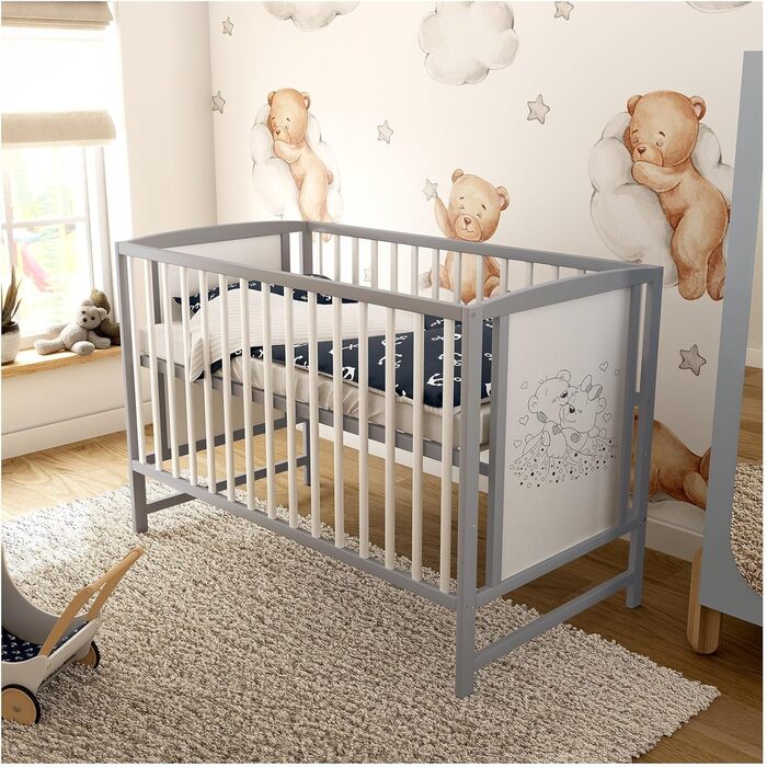 Дитяче ліжечко Baby Delux 60x120 біло-сіре з матрацом ведмежий мотив з перекладинами