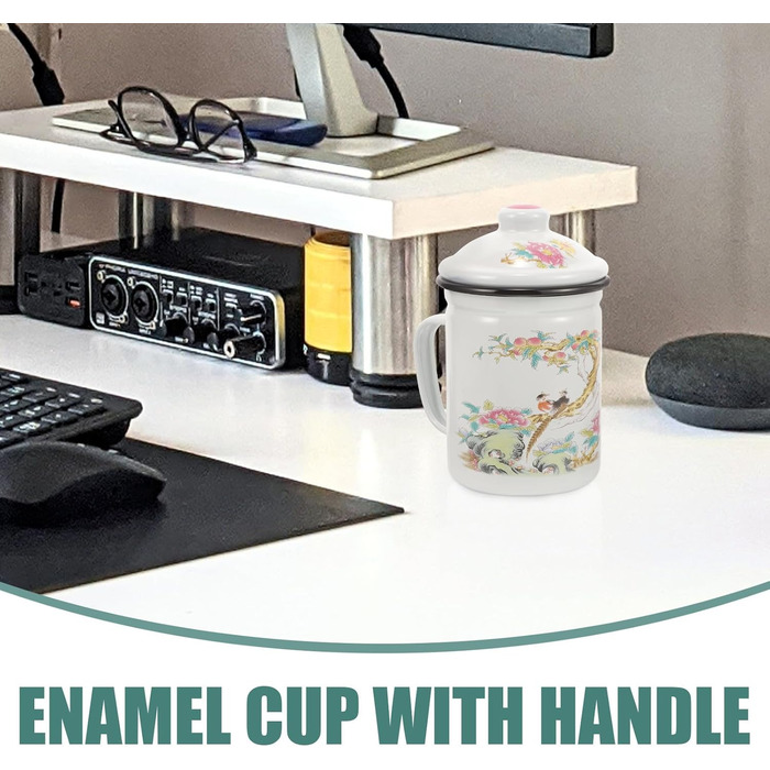 Емальована кружка з чайним ситечком та кришкою, вінтажна чашка діаметром 9 см, виготовлена з міцного емальованого матеріалу для чаю та води, побутова кружка для пиття