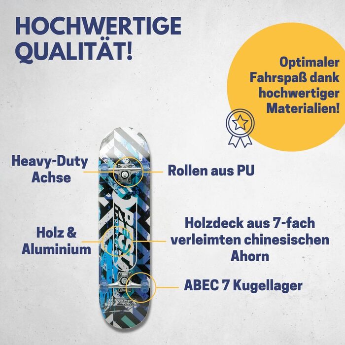 Скейтборд A7 Street - найкращий спортивний скейтборд для дітей та початківців, ABEC 7 підшипники, нековзка 7-шарова кленова дека, вантажопідйомність 100 кг, класний дизайн Street Blue