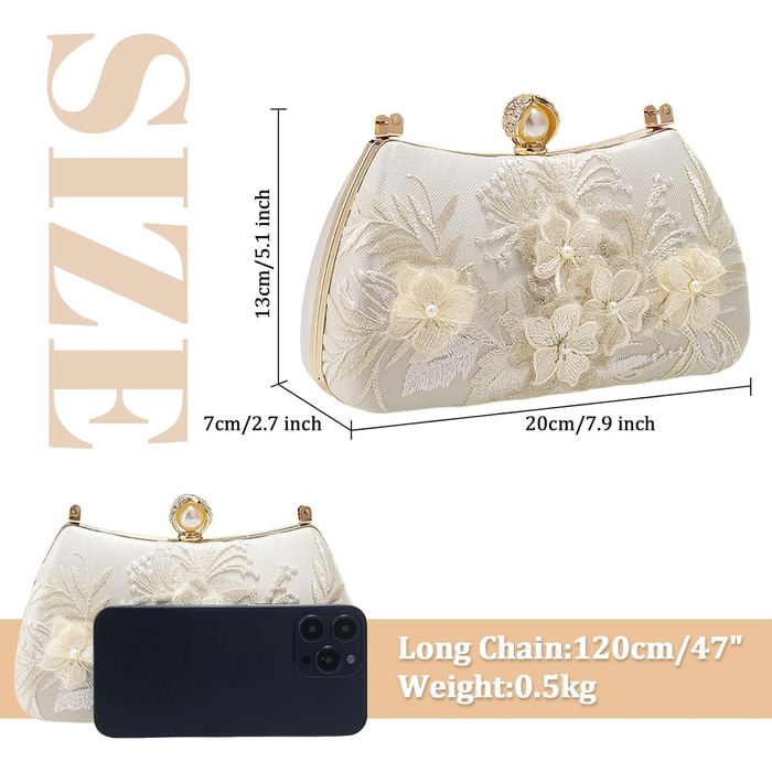Жіноча сумочка з перлами та квітковою мереживною вишивкою, сатин, елегантна ручна сумочка з верхньою ручкою, зі знімним ланцюжком, для весілля, дівич-вечора, випускного, білого кольору
