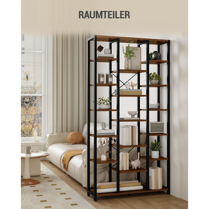 Книжкова полиця Hzuaneri, стояча полиця з 7 рівнями та 18 полицями, регульовані відкриті полиці, для вітальні, офісу, спальні, 30 x 100 x 202 см, вінтажний коричнево-чорний, BC15601B 30 x 100 x 202 см вінтажний коричнево-чорний