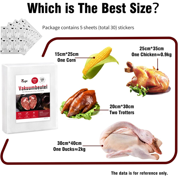 Вакуумні пакувальні пакети Fitge 170 мкм 30x40 см 120 пакетів для всіх вакуумних пакувальників Вакуумні пакети для харчових продуктів без бісфенолу А Міцна та стійка до розриву професійна вакуумна плівка Мішки для заморожування Sous Vide 30x40см/120 мішкі
