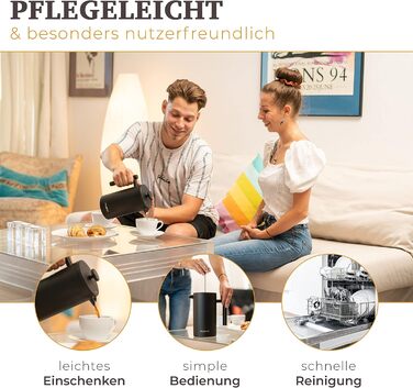 Голдвівер Френч-прес преміум класу 1 л Прес для кави з нержавіючої сталі S-304 Нержавіюча сталь Термоглечик з подвійними стінками 0,8 мм Чай/кава ізольована Ручна кавоварка матовий чорний