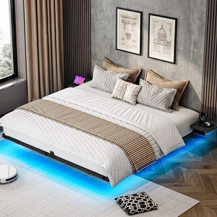 Каркас ліжка YITAHOME зі світлодіодним освітленням, зарядною станцією USB, інтерфейсом Type-C, плаваючим дизайном, металевим каркасом, тканинним чохлом (матрац не входить до комплекту), 180x200 см, чорний