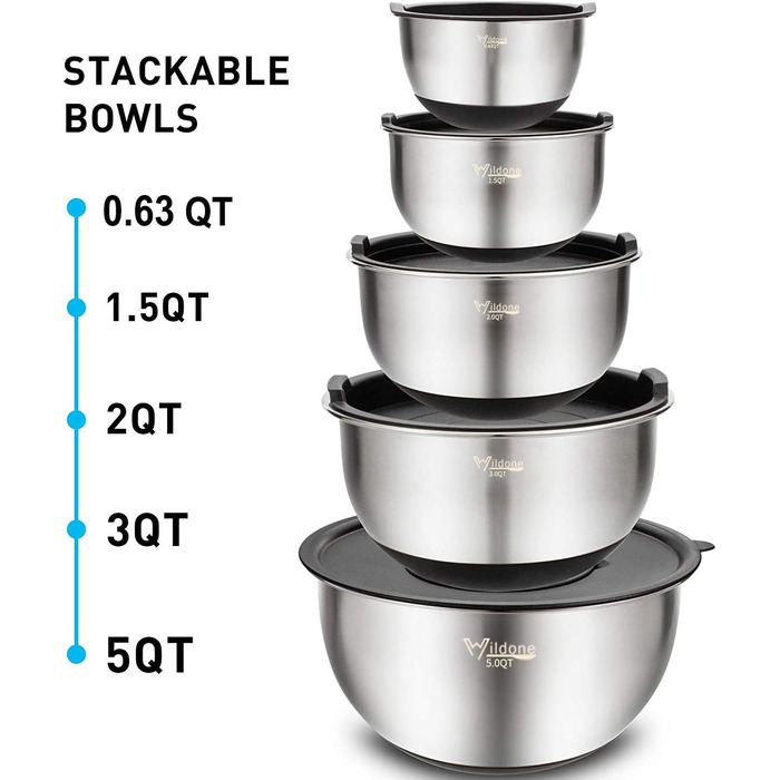 Набір мисок для змішування з 5 шт. , нержавіюча сталь Wildone з герметичними кришками, 3 насадки для терки, мірні мітки та нековзн