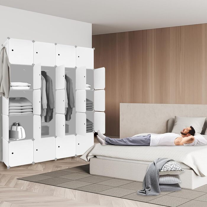Шафа для зберігання речей HENGMEI, система полиць для самостійного виготовлення, PP-пластик з дверима, водонепроникна та пилонепроникна для спальні та ванної кімнати (20 коробок, білий)
