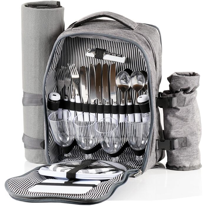 Рюкзак для пікніка CampFeuer для 4 осіб Сірий Набір для пікніка з 32 предметів Включає тримач для пляшок та флісову ковдру, велике відділення-холодильник, посуд та столові прибори Рюкзак для походів, рюкзак для кемпінгу