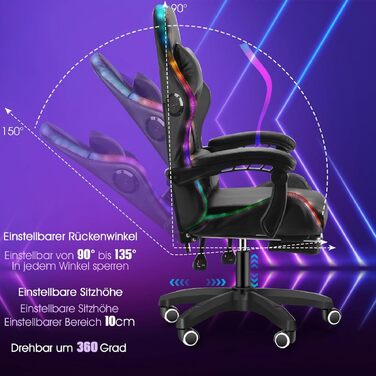 Ергономічне ігрове крісло з RGB-підсвічуванням 12 кольорів, ігрові крісла для дорослих з підставкою для ніг, підголівником та підлокітниками, крісло для ПК зі штучної шкіри, ігрове крісло з регульованою висотою для офісу та дому, чорний