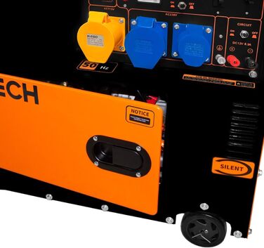 Дизельний генератор, безшумний аварійний генератор, однофазний двигун 230 В 6500 Вт 13 к.с., електричний стартер 115 В, сталь з чорним порошковим покриттям, місткість 20 л, інструменти та лійка