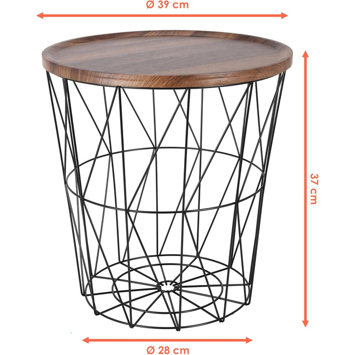 Журнальний столик Spetebo з металевим дротяним кошиком 39 см - Чорний - Стіл-кошик з коричневою стільницею під дерево - Невеликий декоративний столик з кошиком для зберігання, журнальний столик, декоративний столик з відділенням для зберігання
