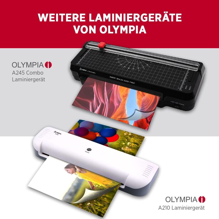 Ламінувальний набір Olympia A 230 4-в-1 Гаряче та холодне ламінування Ламінатор з закруглювачем кутів, різаком для паперу та ламінувальними пакетами Ламінування без бульбашок Захист від перегріву Одинарний ламінатор A4