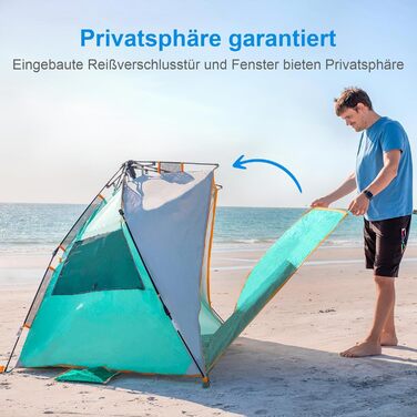 Пляжний намет WolfWise з функцією швидкого встановлення для 3-4 осіб захист від ультрафіолету 50, водовідштовхувальний, приватний простір із дверима на блискавці та сітчастими вікнами, портативний пляжний намет для сім&39ї та кемпінгу, м&39ятно-зелений, 3