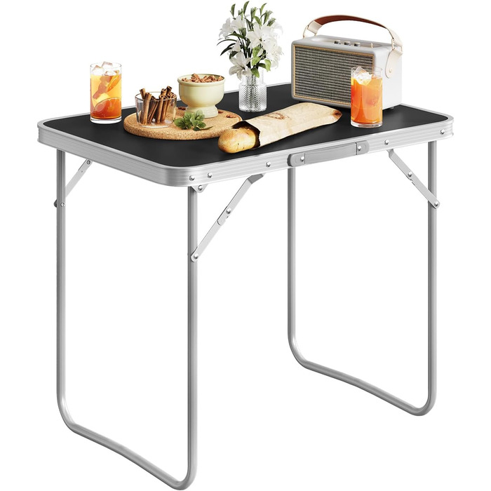Кемпінговий стіл WOLTU з алюмінієвою рамою та ручкою, садовий стіл з МДФ, складний дорожній стіл, для пікніків, пляжу та використання на свіжому повітрі, 70 x 60 x 50 см (Ш x В x Г), чорний