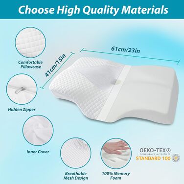 Ортопедична подушка для шиї HOMCA, ергономічна подушка з піни з ефектом пам&39яті, ортопедична подушка для підтримки шиї та шийного відділу хребта, біла, 61 x 41 x 9 см/11 см