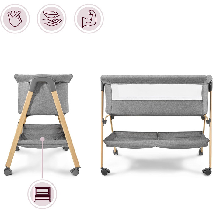 Дитяче ліжечко Moby-System Mili Дорожнє ліжечко 06 місяців, Складане з матрацом, Сітчасті боковини, Місце для зберігання, Колеса з гальмом, Легке та стійке, Сірого кольору, Для новонароджених, Приліжкове ліжечко без свердління, Макс. 9 кг.