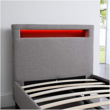 М'яке ліжко Гімалаї зі світлодіодним підсвічуванням односпальне молодіжне ліжко 90x200 см з рейковим каркасом, в сірому тканинному