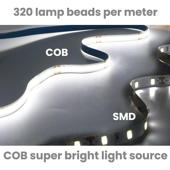 Світлодіодна стрічка Arote Light COB 12 В COB Світлодіодна стрічка з можливістю затемнення високої щільності 320 світлодіодів/м 960 світлодіодів 3000K з адаптером диммера IP20 для підсвічування телевізора Внутрішнє оздоблення спальні (холодний білий, 5 м)