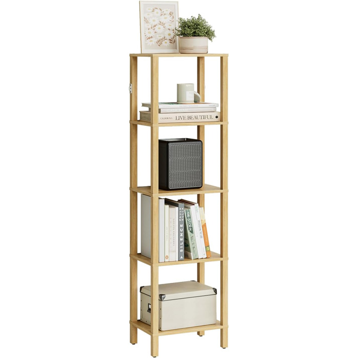 Книжкова полиця, вузька полиця з 5 полицями, кухонна полиця з відкритими полицями, 38 см x 27 см x 136 см, окремостояча полиця для вітальні, офісу, кабінету, дуб, 5 полиць