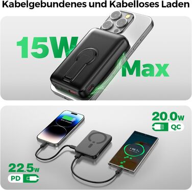 Зовнішній зарядний пристрій MagSafe, магнітний зовнішній зарядний пристрій ємністю 12000 мАг з PD 22,5 Вт, бездротовий зарядний пристрій зі швидкою зарядкою, входом та виходом Type-C, світлодіодним індикатором для iPhone серії 17/16/15/14/13/12/Pro/Pro Ma