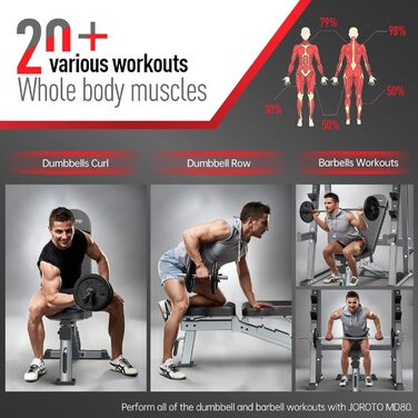 Силова лава преміум-класу JOROTO Практична фітнес-лава, підходить як похила та горизонтальна лава, лава для жиму лежачи для тренування всього тіла MD80, складна плоска регульована лава для живота