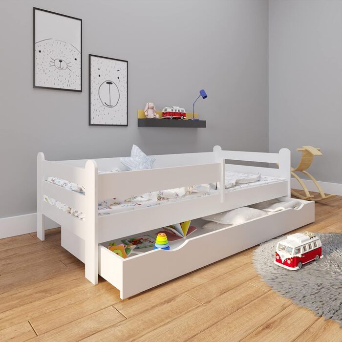Дитяче/підліткове ліжко Kids Collective 90x200 см із захистом від падіння вкл. рейкову основу та шухляду білого кольору Ліжко в скандинавському стилі для дівчаток та хлопчиків Вік від 4 до 18 років 90 x 200 см Матрац не входить до комплекту з шухлядою