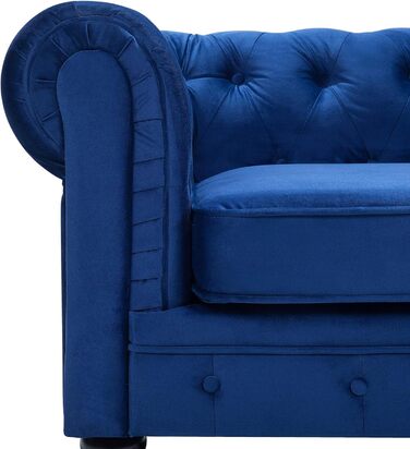 Місний диван Beliani, оксамит, синій, товсті подушки сидіння, підлокітники, ґудзикова обробка, стиль Честерфілд, 3-