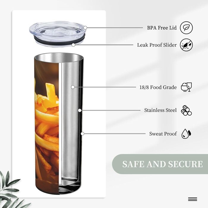 Кухоль з прямою трубочкою, 590 мл, дизайн картопля фрі, дорожній кухоль з принтом, підходить для кемпінгу, офісу та дому