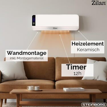 Настінний керамічний вентилятор-обігрівач, електричний вентилятор-обігрівач для ванної кімнати, енергозберігаючий, з дистанційним керуванням, міні-обігрівач, настінний обігрівач, керамічний нагрівальний елемент, швидкий нагрів, 12-годинний таймер, 2000 Вт