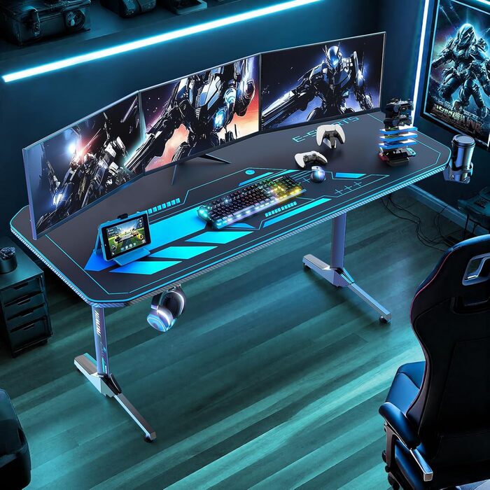 Ігровий стіл Himimi 160x75 см, ергономічний комп&39ютерний стіл з килимком для миші на всю поверхню, вуглецеве покриття, підставка для склянок, гачок для навушників та ігрова рама-ручка, міцна Т-подібна конструкція 160 x 75 x 75 см