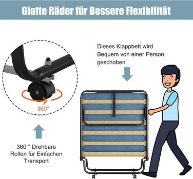 Гостьове ліжко COSTWAY 80x190 см з матрацом з піни з ефектом пам&39яті, розкладне односпальне ліжко, міцне металеве ліжко (витримує вагу до 130 кг), розкладне ліжко на колесах, ліжко для кемпінгу, переносне ліжко, синє 80 x 190 x 33 см