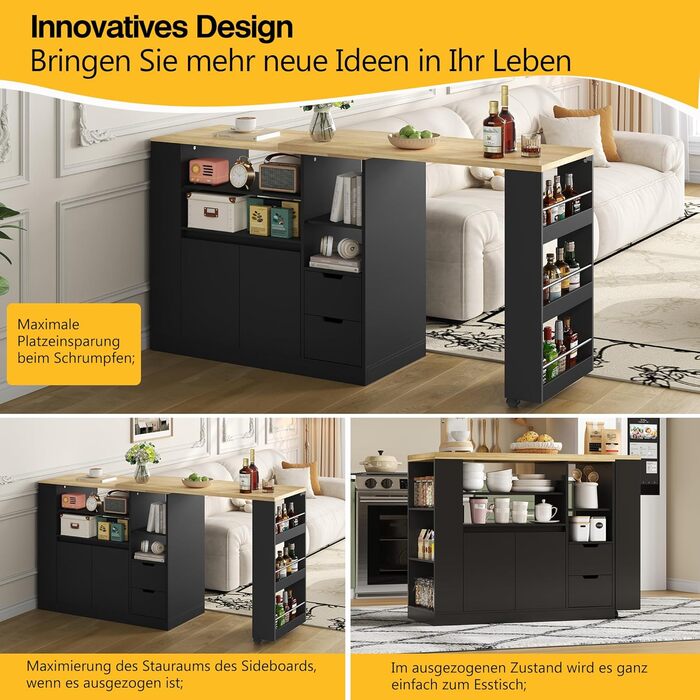 Барний стіл з місцем для зберігання, кухонний острів з висувною стільницею та функцією повороту на 360, рухомий бічний столик з тристоронніми полицями та 2 шухлядами, кавова барна стійка, чорний, 115x50x92 см A-чорнийнатуральний