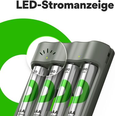 Зарядний пристрій GP ReCyko USB AA AAA, включаючи 4 акумуляторні батарейки AAA 850 мАг, NiMH 1.2V, зарядний пристрій з акумуляторними батарейками AAA