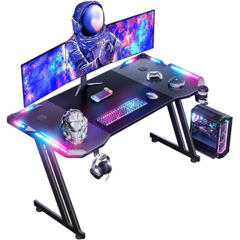 Ігровий стіл 120 x 60 см, Ігровий стіл зі світлодіодним підсвічуванням, Ігровий стіл для ПК з вуглецевим волокном, Міцний комп&39ютерний стіл для ігор з гачком для навушників та підставкою для чашок, Чорний