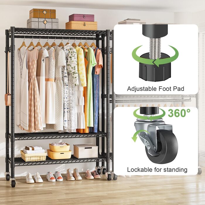 Вішалка для одягу на колесах, штанга для одягу, міцна металева вішалка для одягу, шафа з 3 шт. ангами для одягу та полицею, гачки (чорна, 45 Г x 120 Ш x 205 В) 45 Г x 120 Ш x 205 В Чорний