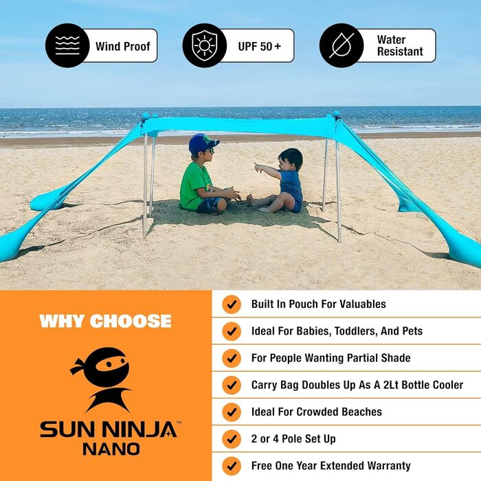 Міні-пляжний намет SUN NINJA від сонця - Маленьке пляжне сонцезахисне вітрило - Пляжний намет UPF50 з сумкою для перенесення - Півтінь - Легкий дорожній сонцезахисний намет - Пляжний намет - Sun Tent Nano Navy