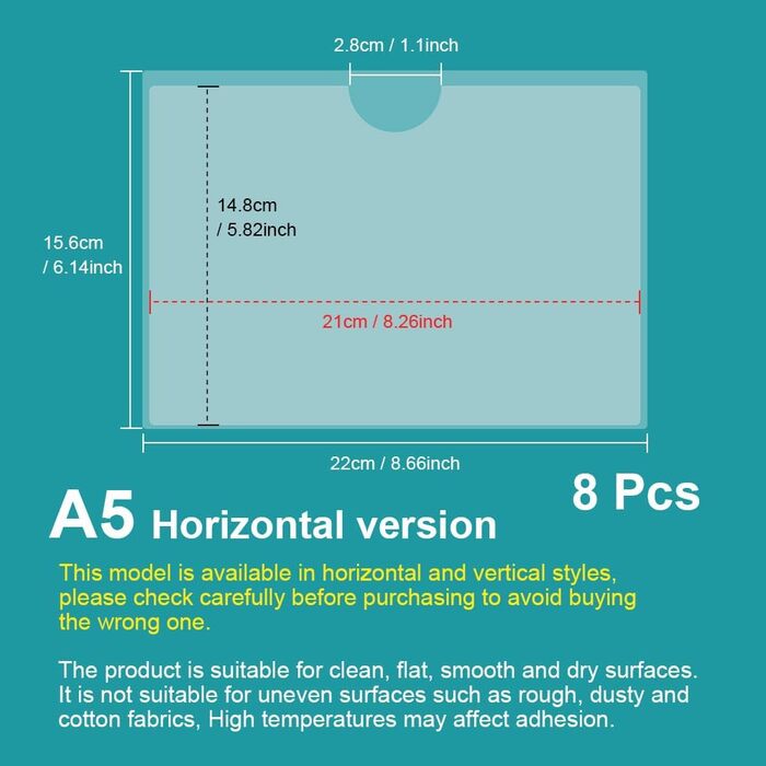 Пакетів горизонтальних прозорих чохлів для карток формату A5, самоклеючі тримачі для етикеток, для захисту ваших карток або фотографій (внутрішній розмір 21*14,8 см), 8