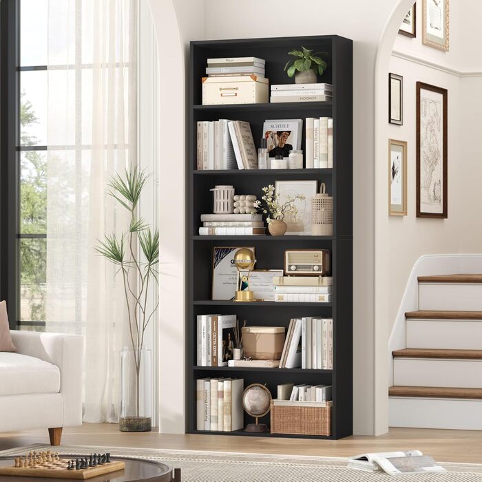 Книжкова полиця FirFurd, дерев&39яна полиця з 6 відділеннями, полиці, книжкова шафа, полиця для зберігання для вітальні, кабінету, виготовлена з дерева, 180 x 60 x 23,5 см, чорна