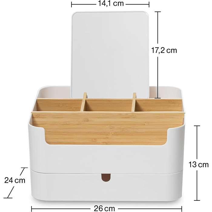 Органайзер для косметики PANARELLI - в т.ч. ДЗЕРКАЛО для туалетного столика, ванної кімнати та спальні, органайзер для макіяжу - висока якість, органайзер для туалетного столика - бамбук з ящиком і ідеальною роздільником