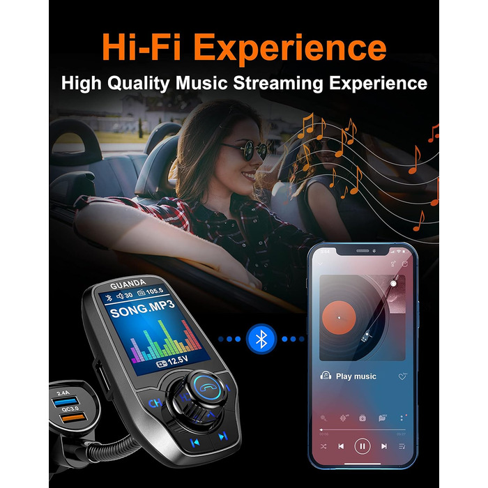 Передавач Bluetooth для автомобіля з 1,8-дюймовим кольоровим екраном Bluetooth Гучний зв'язок Автомобільний радіоадаптер Bluetooth 4 в 1 MP3-плеєр AUX 2 порти USB SD/TF карта (QC3.0 2.4A/5V сріблястий)
