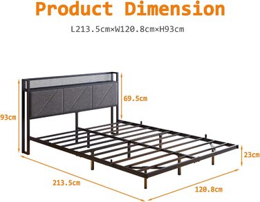 Ліжко-платформа 120 x 200 см з LED-підсвічуванням та USB-зарядною станцією, металевий каркас ліжка-платформи з м&39яким узголів&39ям для зберігання речей, міцні металеві ламелі, безшумне/темно-сірий колір