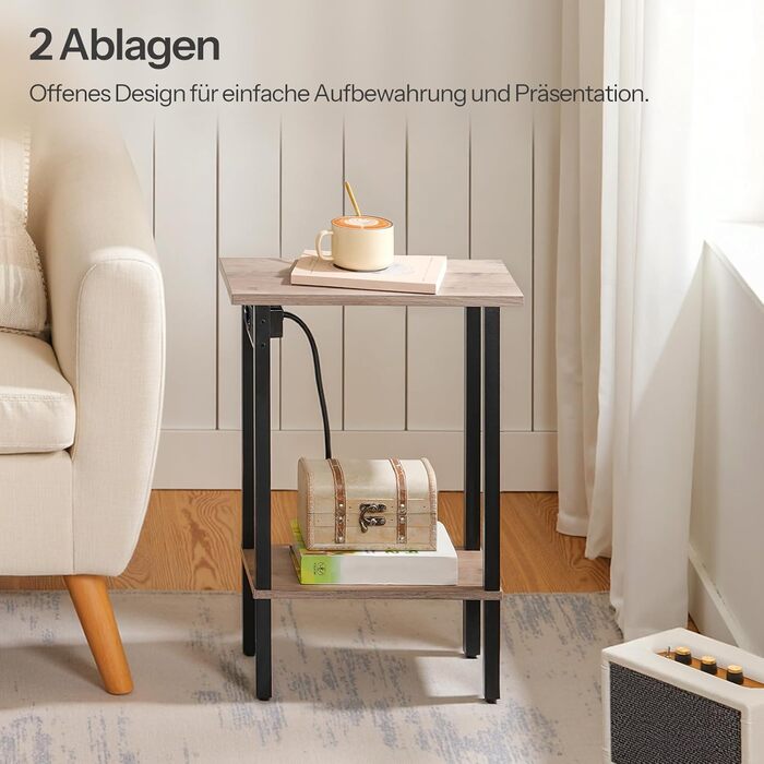 Вузький 2-ярусний бічний столик HOOBRO, диван-столик із зарядною станцією, тумбочка з полицею, журнальний столик, для невеликих приміщень, вітальні, спальні, кабінету, сіро-чорний EBG240CBZ01 сіро-чорний 1