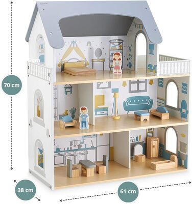 Дерев&39яний ляльковий будиночок Mamabrum, 3-поверховий, з меблями та аксесуарами - Перевірений на безпеку дитячий ігровий будиночок для рольових ігор - Ляльковий будиночок зі спальнею, вітальнею, кухнею та ванною кімнатою, сучасний мінімалістичний
