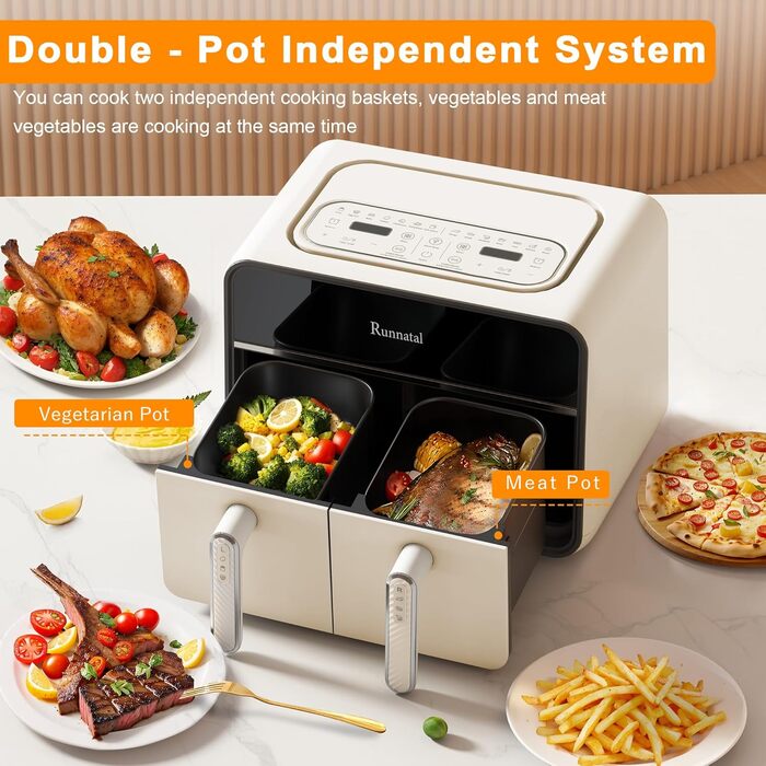 Двозонна фритюрниця Runnatal з оглядовим вікном, мультипіч 8 л, 2100 Вт, 2 відділення, двокамерна фритюрниця 14 в 1 з вегетаріанськими та м'ясними горщиками, 2 камери фритюрниці, антипригарне покриття