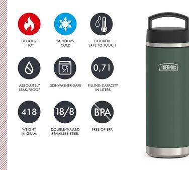 ТЕРМОС ICON ПЛЯШКА ДЛЯ НАПОЮ 0,71 л, зелений/лісовий килимок, термос з нержавіючої сталі 710 мл, ізольована пляшка для пиття, зберігає напої гарячими 18 годин / холодними 24 години, можна мити в посудомийній машині, герметична, без BPA 710 мл Зелений/лісо