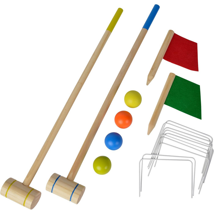 Крокетна іграшка Eichhorn для активного відпочинку на відкритому повітрі, з 2 молотками та 4 м&39ячами, включаючи стартовий/фінішний прапорець та 10 обручів, виготовлена з соснової деревини, від 3 років, одинарна