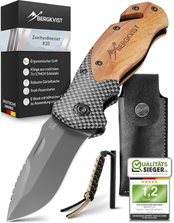 Складаний ніж BERGKVIST K20 (дворучний) з дерев'яним руків'ям та титаном - носіння дозволено - кишеньковий ніж 3-в-1 зі склом, різ